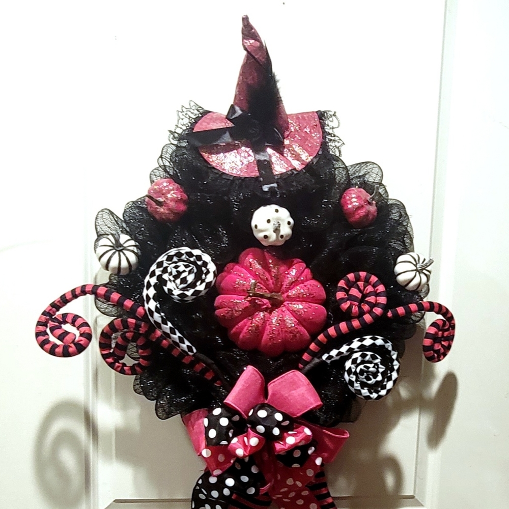 XL Halloween Pumpkin Witch Wreath Deco Mesh Bow - Picture 11 of 12